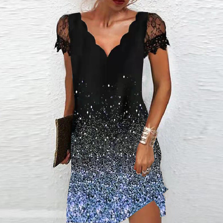Levoire | Moderne Aaltomainen V-col Longue Manche Courte Robe Pistetty Bleu