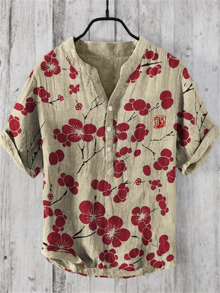 Levoire | Chemise Japonaise En Lin Mélangé Fleur de cerisier rouge
