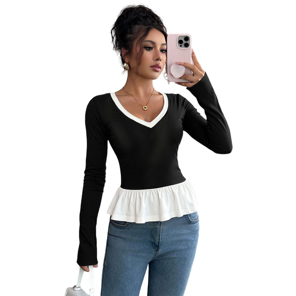 Chemise à manches longues pour femmes avec ourlet volanté et décolleté en V profond Levoire
