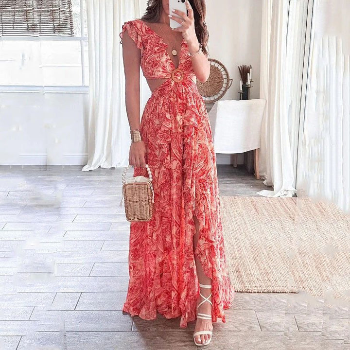 Robe maxi longue pour femmes avec design élégant à découpes et encolure à volants Levoire