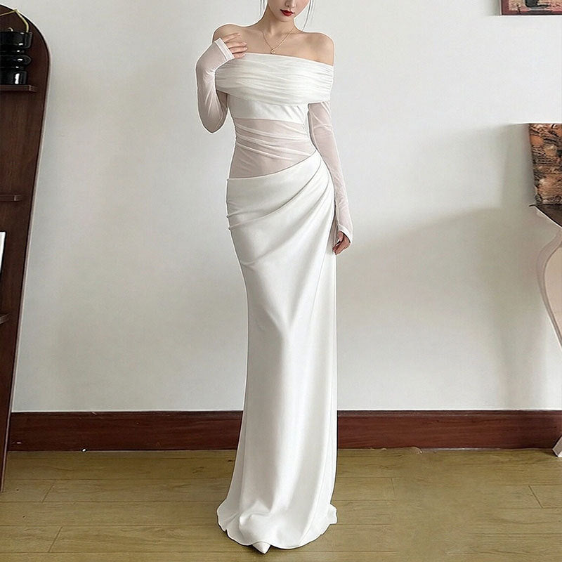 Robe maxi élégante pour femme à épaules découvertes avec détails en volants et manches longues Levoire