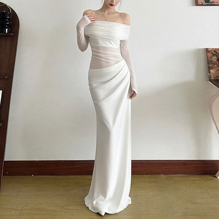 Robe maxi élégante pour femme à épaules découvertes avec détails en volants et manches longues Levoire