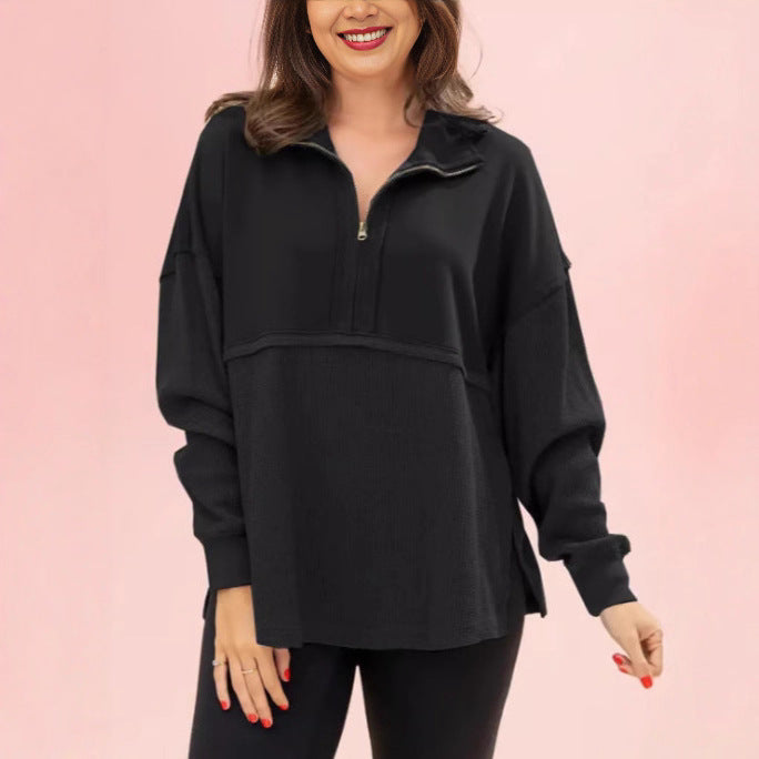 Sweat-shirt décontracté pour femmes avec fermeture éclair half et manches volumineuses Levoire