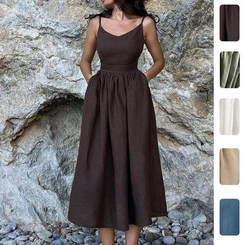 Robe longue en lin pour femmes avec décolleté en V profond et taille cintrée Levoire