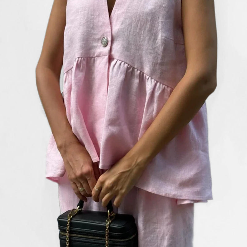 Ensemble pour femme en lin léger avec un décolleté en V profond et des jambes larges Levoire