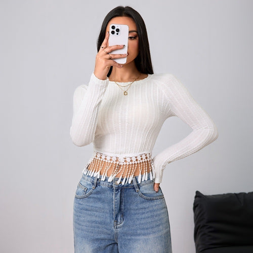 Chemise à manches longues écourtée pour femmes avec des détails de franges spéciaux Levoire