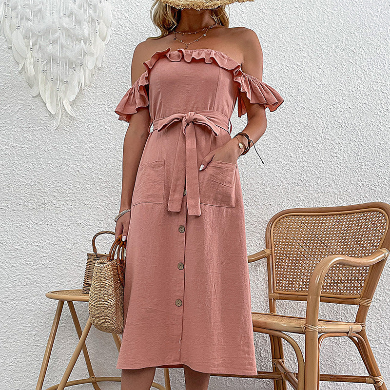 Robe midi à épaules dénudées pour femmes avec détails en volants et ceinture à nouer Levoire