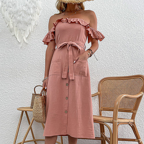 Robe midi à épaules dénudées pour femmes avec détails en volants et ceinture à nouer Levoire