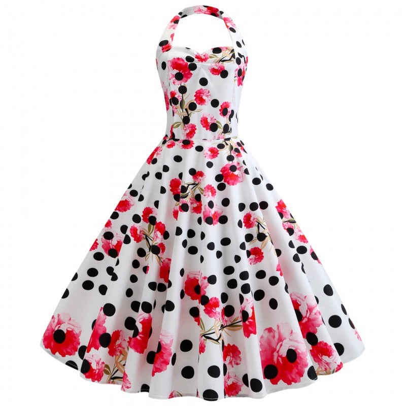 Robe swing rétro pour femmes avec motif floral et pois Levoire