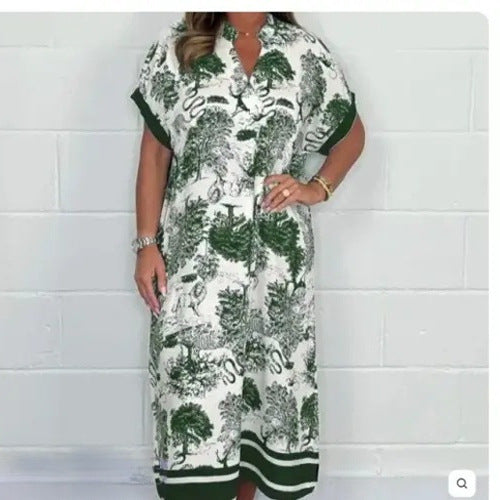 Levoire | Robe imprimée Été Robe imprimée à manches courtes larges Vert foncé