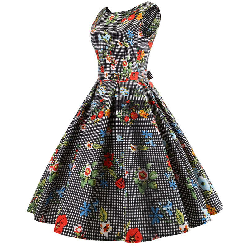Robe A-Line Rétro pour Femme avec Accents Floraux et Design À Carreaux Classiques Levoire