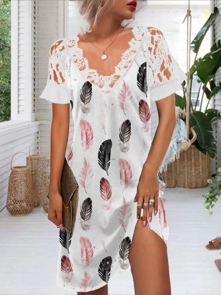 Levoire | Robe imprimée à encolure en V avec des détails en dentelle élégants 7