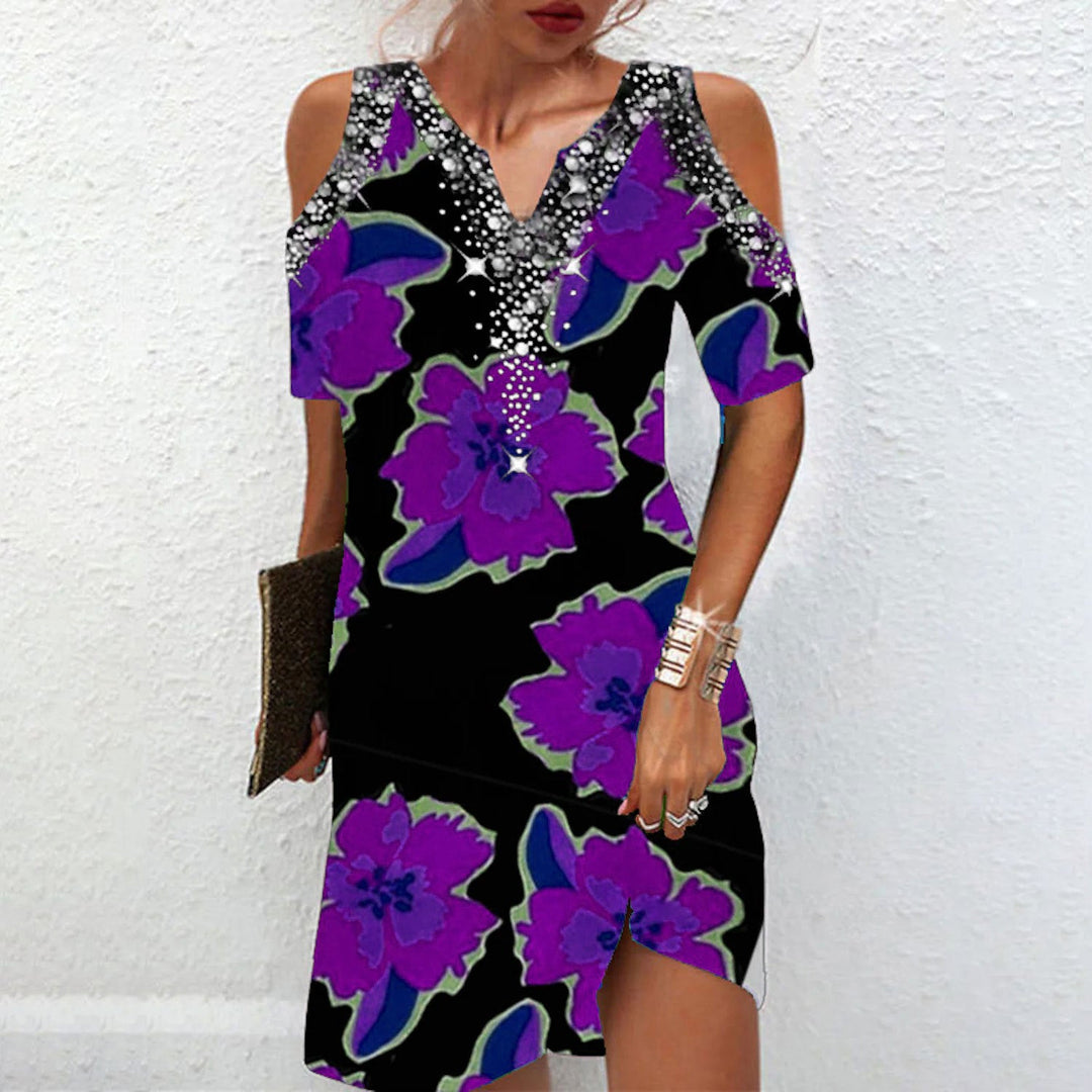 Levoire | Robe Mini Off-Shoulder à col V imprimée élégante Violet