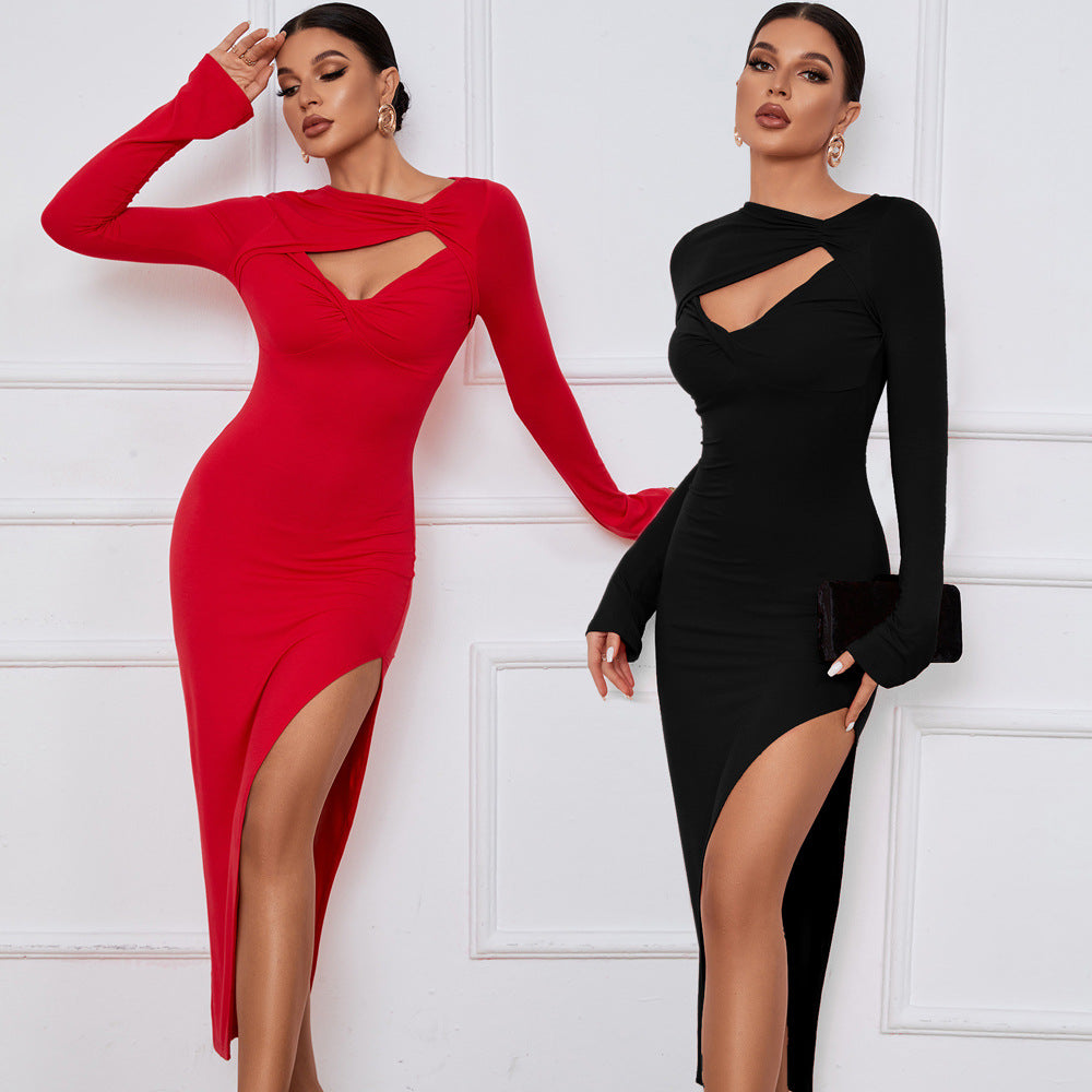 Robe élégante à manches longues pour femmes avec découpe stylée et fente haute Levoire