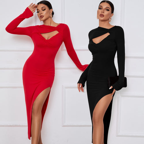 Robe élégante à manches longues pour femmes avec découpe stylée et fente haute Levoire
