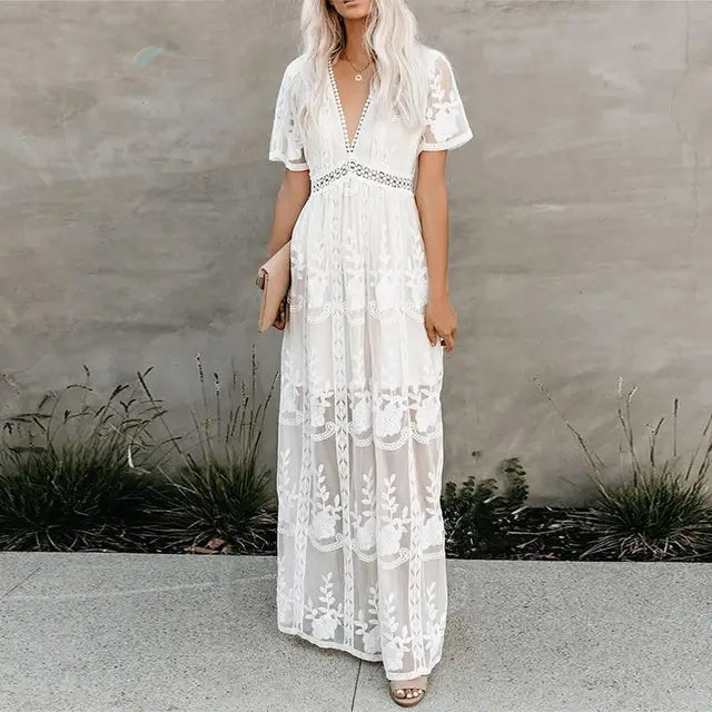 Levoire | Robe En Dentelle Pour Femme Avec Décolleté En V 02 Blanc