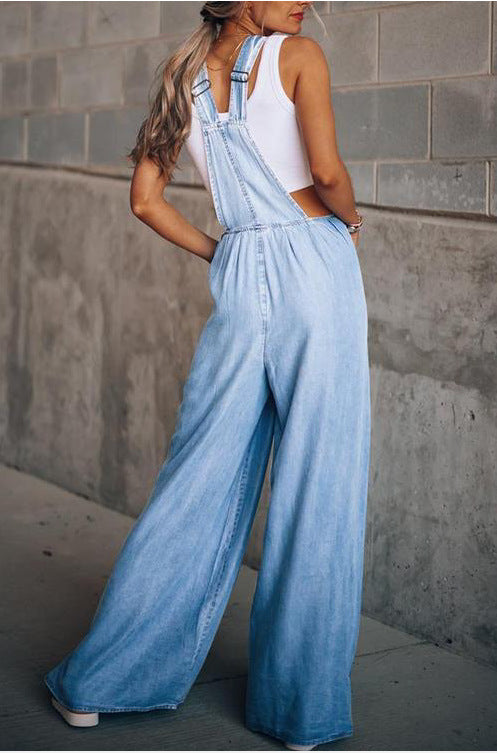 Levoire | Jambes Larges Sans Manches Coupe Décontractée Combinaison En Denim Pour Femmes