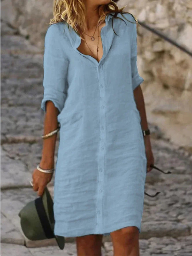 Levoire | Robe À Boutons À Manches Longues En Lin Bleu clair