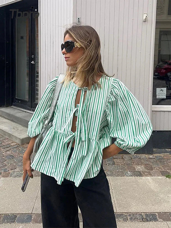 Levoire | Blouse Pour Femmes Avec Bretelles Lâches À L'Avant Et Manches Bouffantes Vert