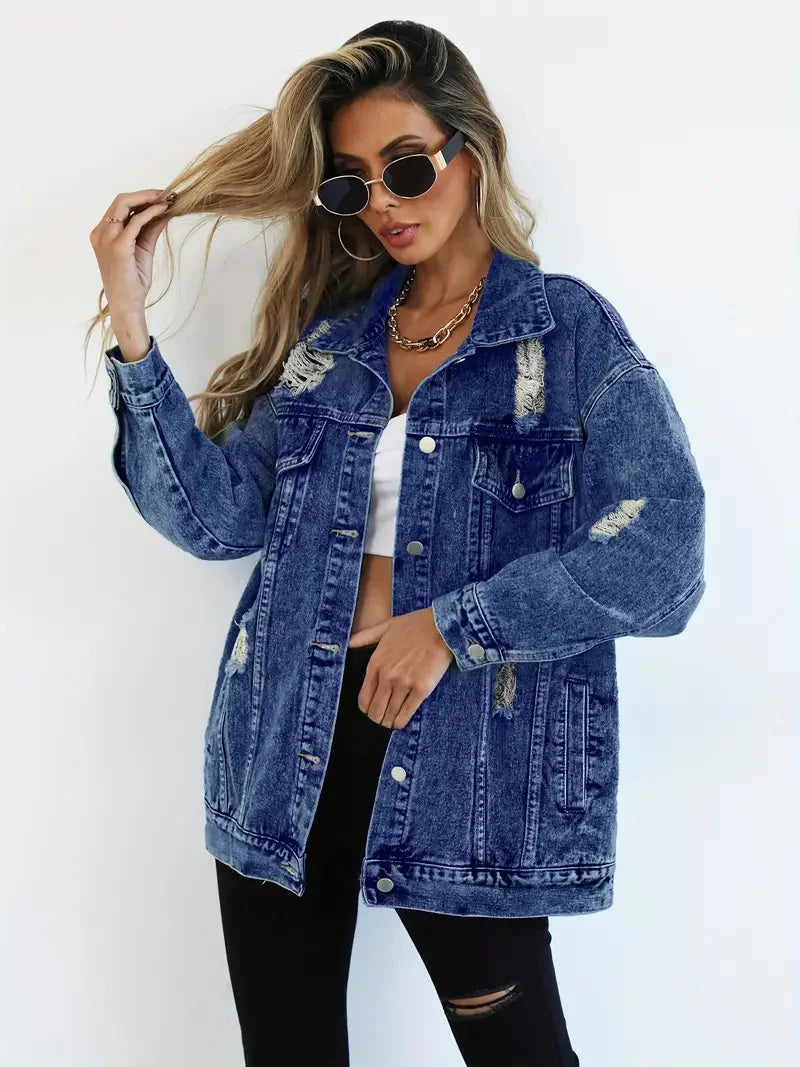 Levoire | Veste En Jean Déchirée Modèle Large Veste En Jean Pour Femmes Bleu foncé