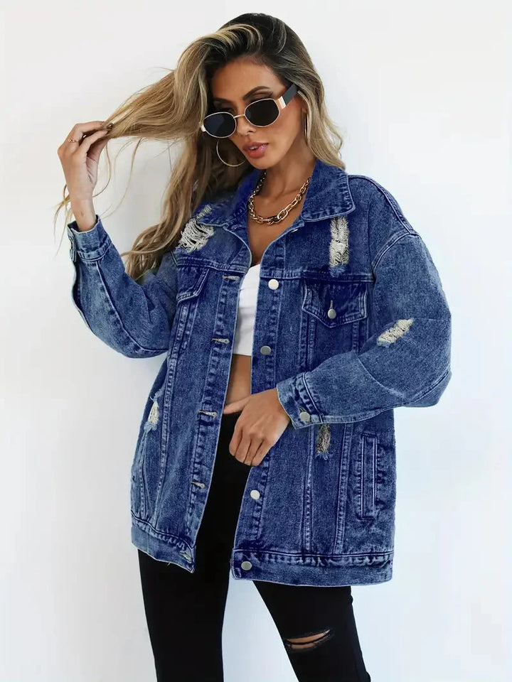 Levoire | Veste En Jean Déchirée Modèle Large Veste En Jean Pour Femmes Bleu foncé