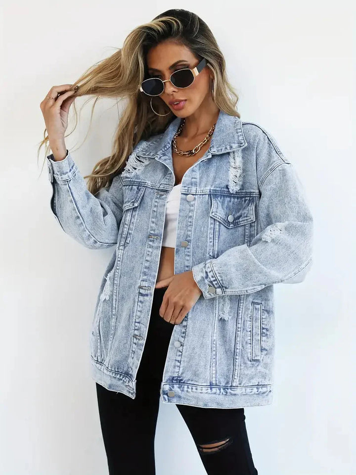 Levoire | Veste En Jean Déchirée Modèle Large Veste En Jean Pour Femmes Bleu clair