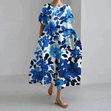 Levoire | Robe Midi Imprimée Décontractée À Coupe Loose Pour Femmes Fleurs bleues