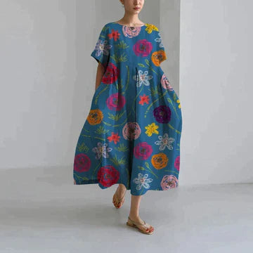 Levoire | Robe Midi Imprimée Décontractée À Coupe Loose Pour Femmes Bleu