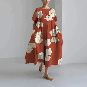 Levoire | Robe Midi Imprimée Décontractée À Coupe Loose Pour Femmes Orange