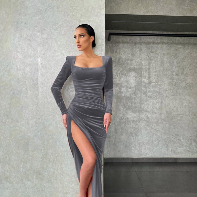 Levoire | Femme Carré-Découpe Taille Haute Fente Mini Robe de Soirée Gris anthracite