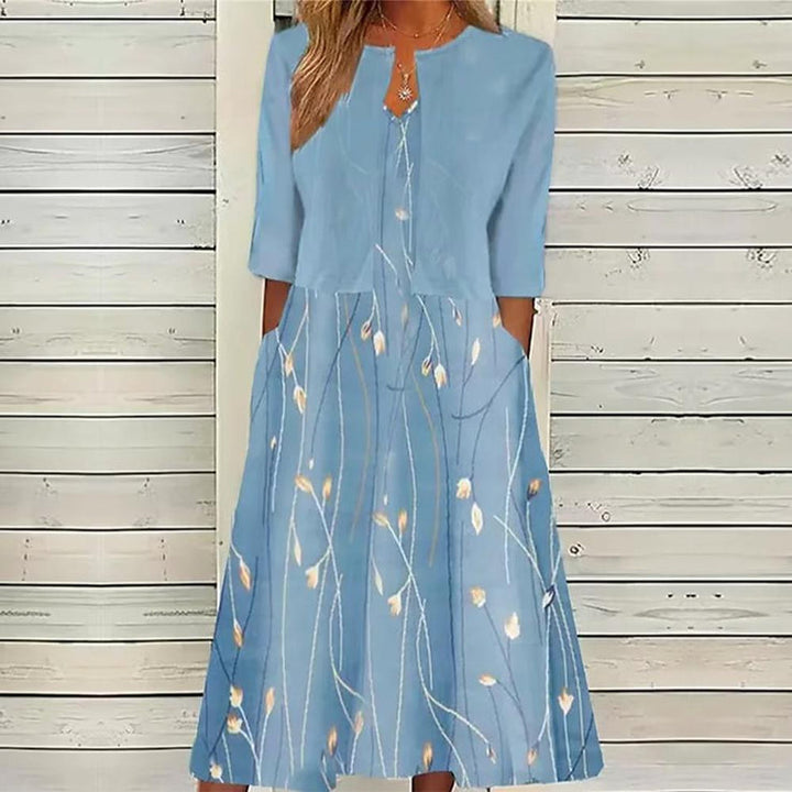 Levoire | Élégante Robe Midi À Motif Floral Et Décolleté En V Bleu ciel