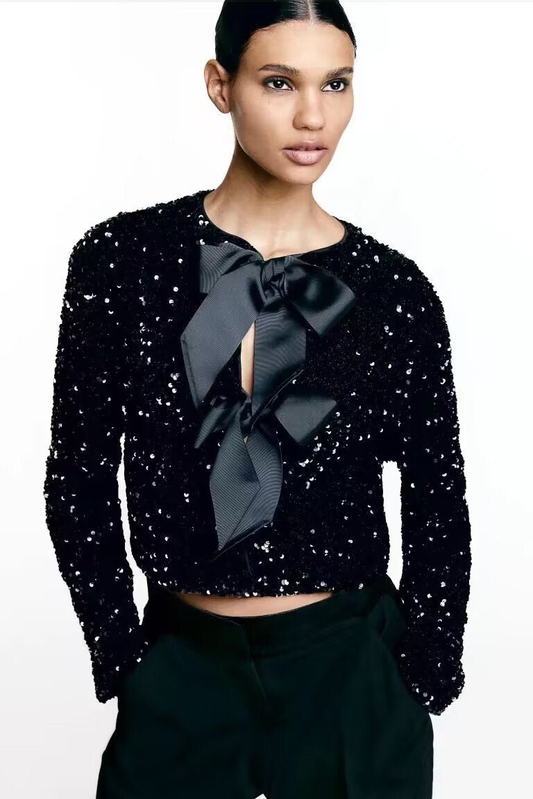 Levoire | Manches Longues Bande Devant Paillettes Chemisier Femme Chemisier Noir