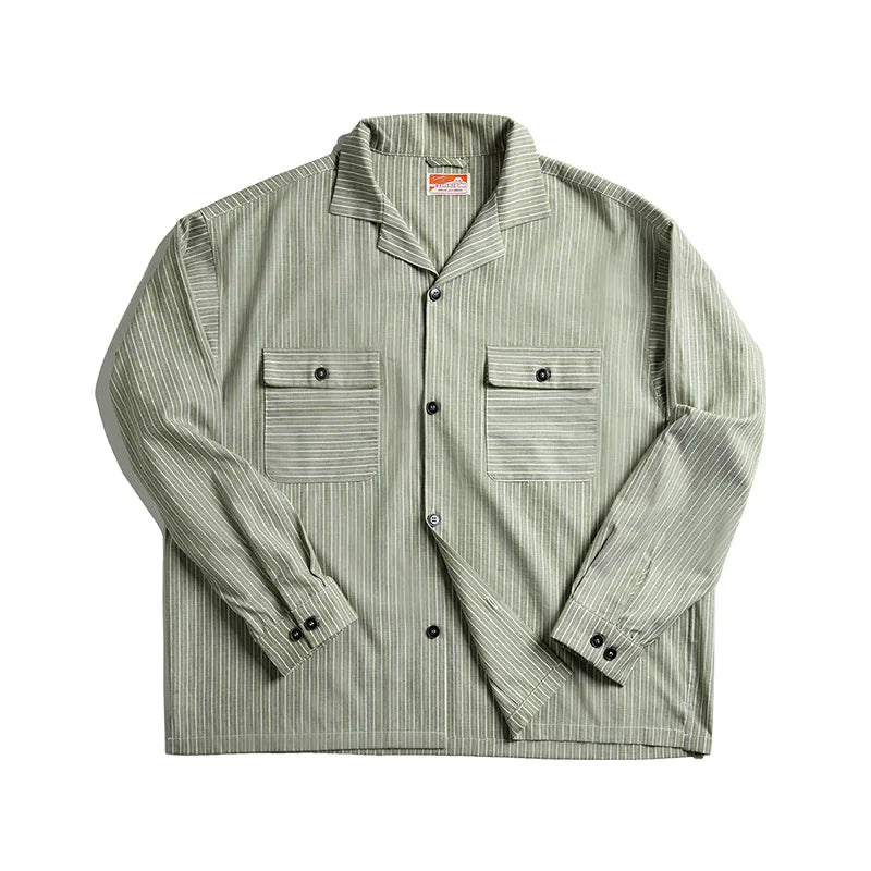 Levoire | Chemise Rayée Vintage Avec Col Cubain Vert