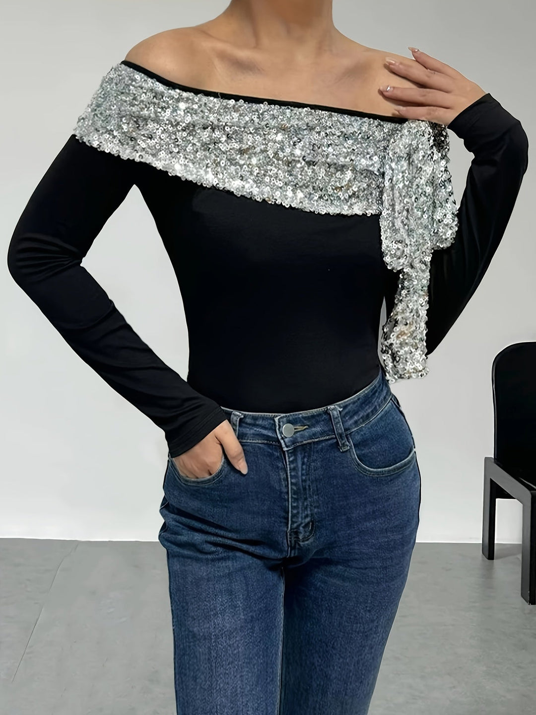 Levoire | Top Off-Shoulder Paillettes Avec Longues Manches Noir