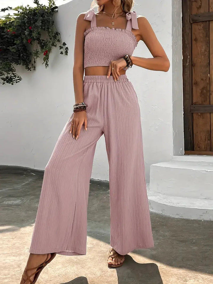 Levoire | Ensemble Deux Pièces Tenue Femme Avec Crop Top Et Pantalon À Jambe Large Rose gris