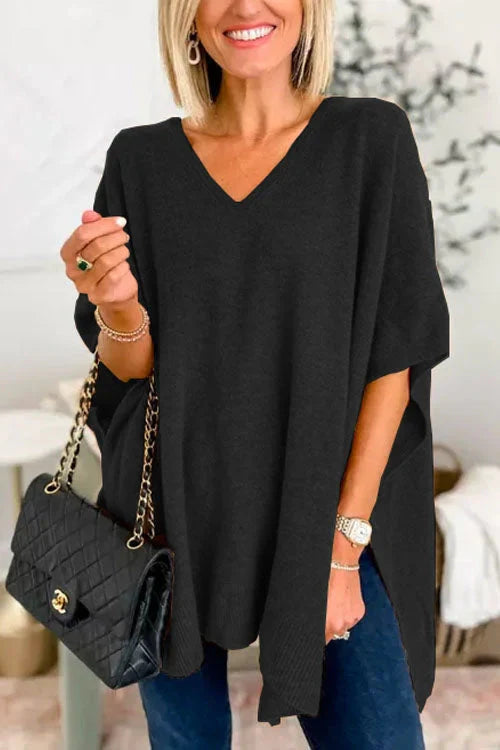 Levoire | Pull En Tricot À Manches Courtes Et Décolleté En V Pour Femmes Noir