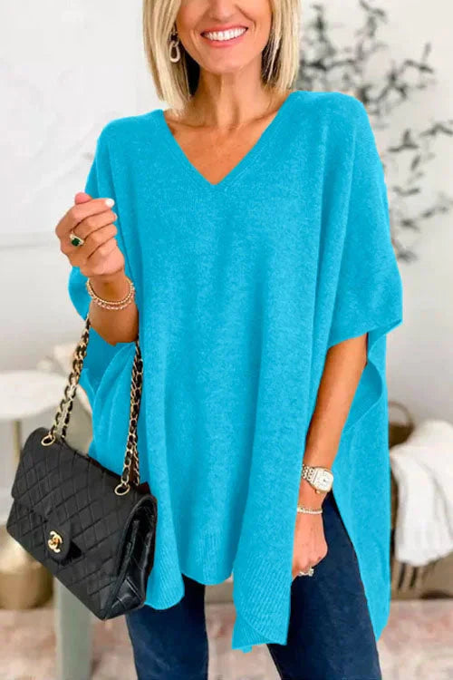 Levoire | Pull En Tricot À Manches Courtes Et Décolleté En V Pour Femmes Bleu