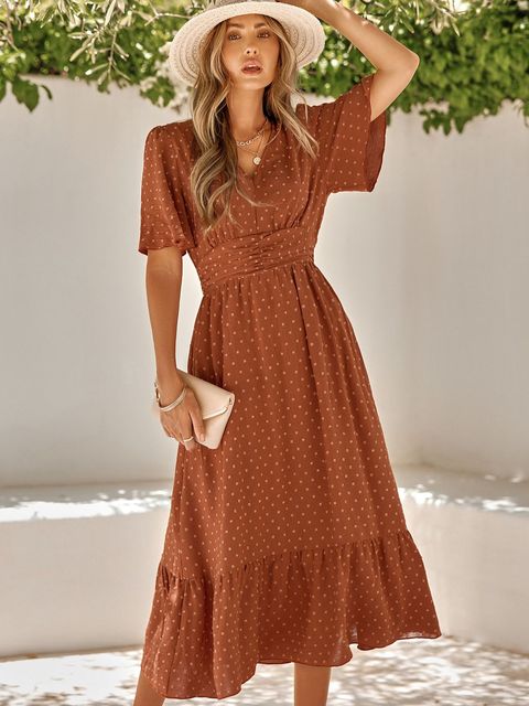 Levoire | Belle Robe Maxi Boho À Manches Courtes Braun