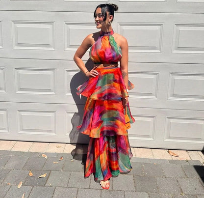 Levoire | Printed Bandeau Crop Top & Long Ruched Hem Set Helle-mélange