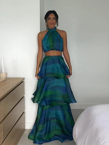 Levoire | Printed Bandeau Crop Top & Long Ruched Hem Set Bleu Vert
