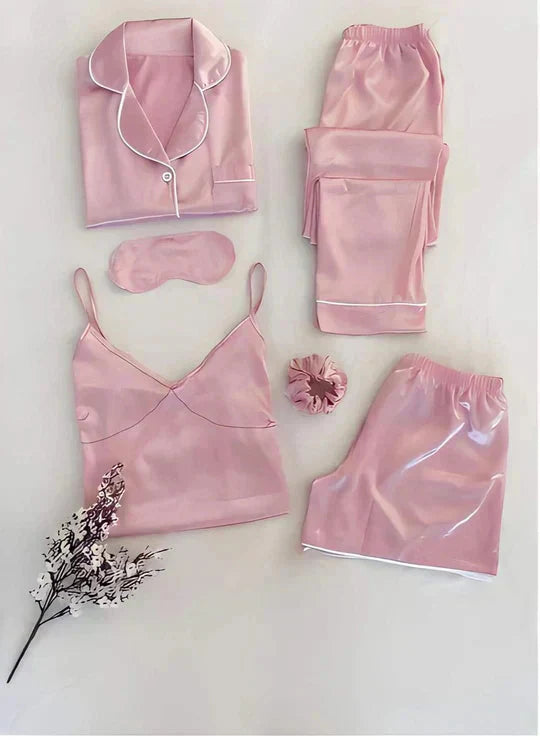 Levoire | 6 Pièces Ceinture Élastique Satin Pyjama Femme Mode Nuit Rosa