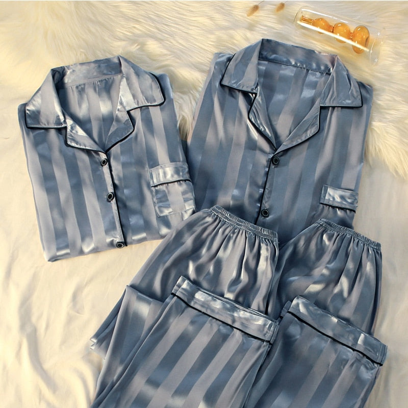 Levoire | Pyjama En Satin À Manches Longues Pour Hommes Et Femmes Bleu Gris
