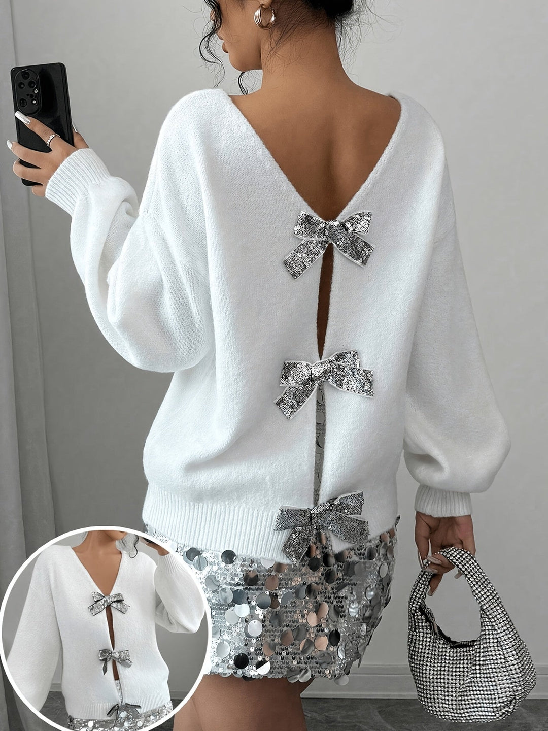 Levoire | Pull Élégant À Col En V Avec Nœuds En Sequins