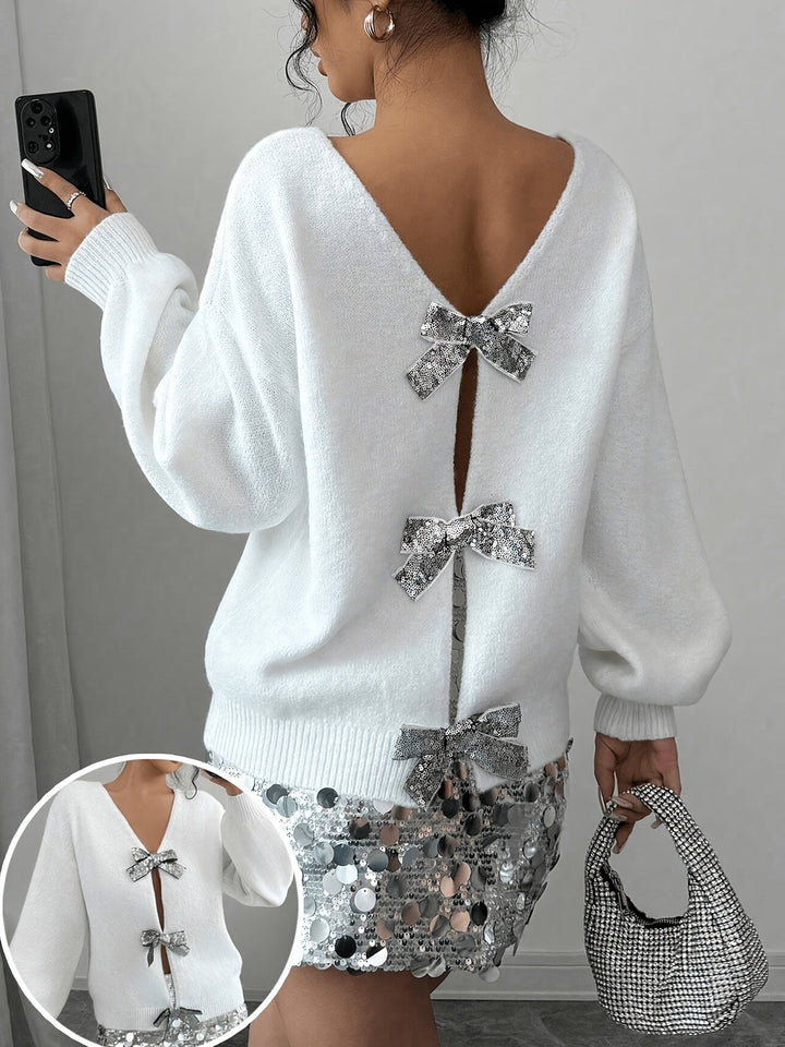 Levoire | Pull Élégant À Col En V Avec Nœuds En Sequins
