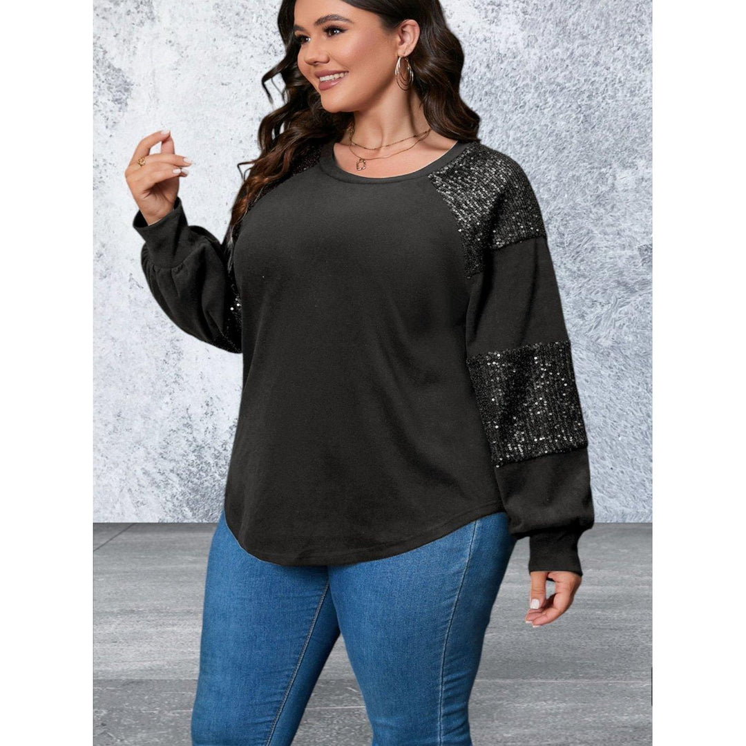 Levoire | Plus Size Paillettes Col Rond Manches Longues Noir