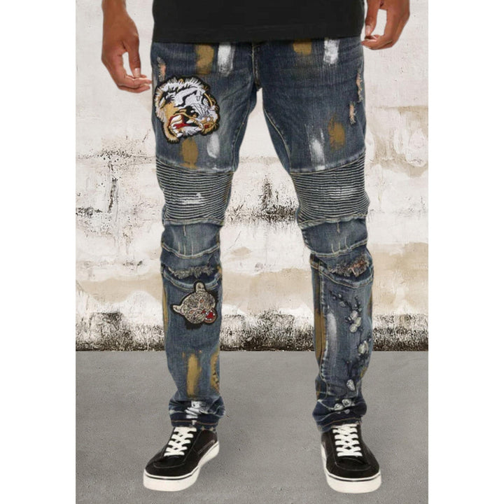Levoire | Jeans Moto Rippstrick Détail Genou Pour Hommes Noir