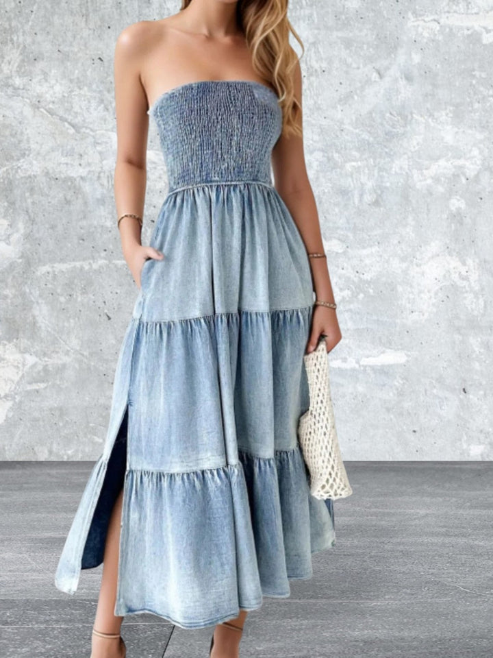 Levoire | Robe En Denim À Smocks Et Fente Bleu clair