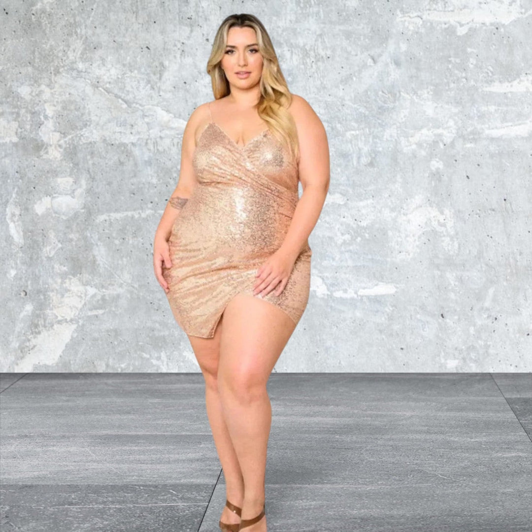 Levoire | Grande Taille Sans Manches Décolleté V Paillettes Robe Courte Or rose