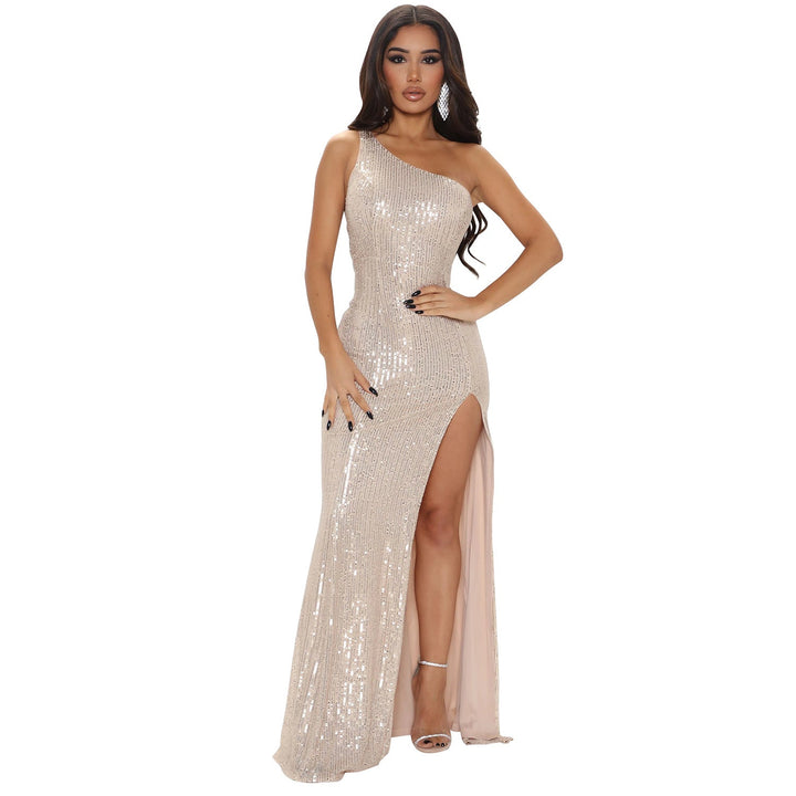Levoire | longue fente latérale avec sequins une épaule sexy BEIGE
