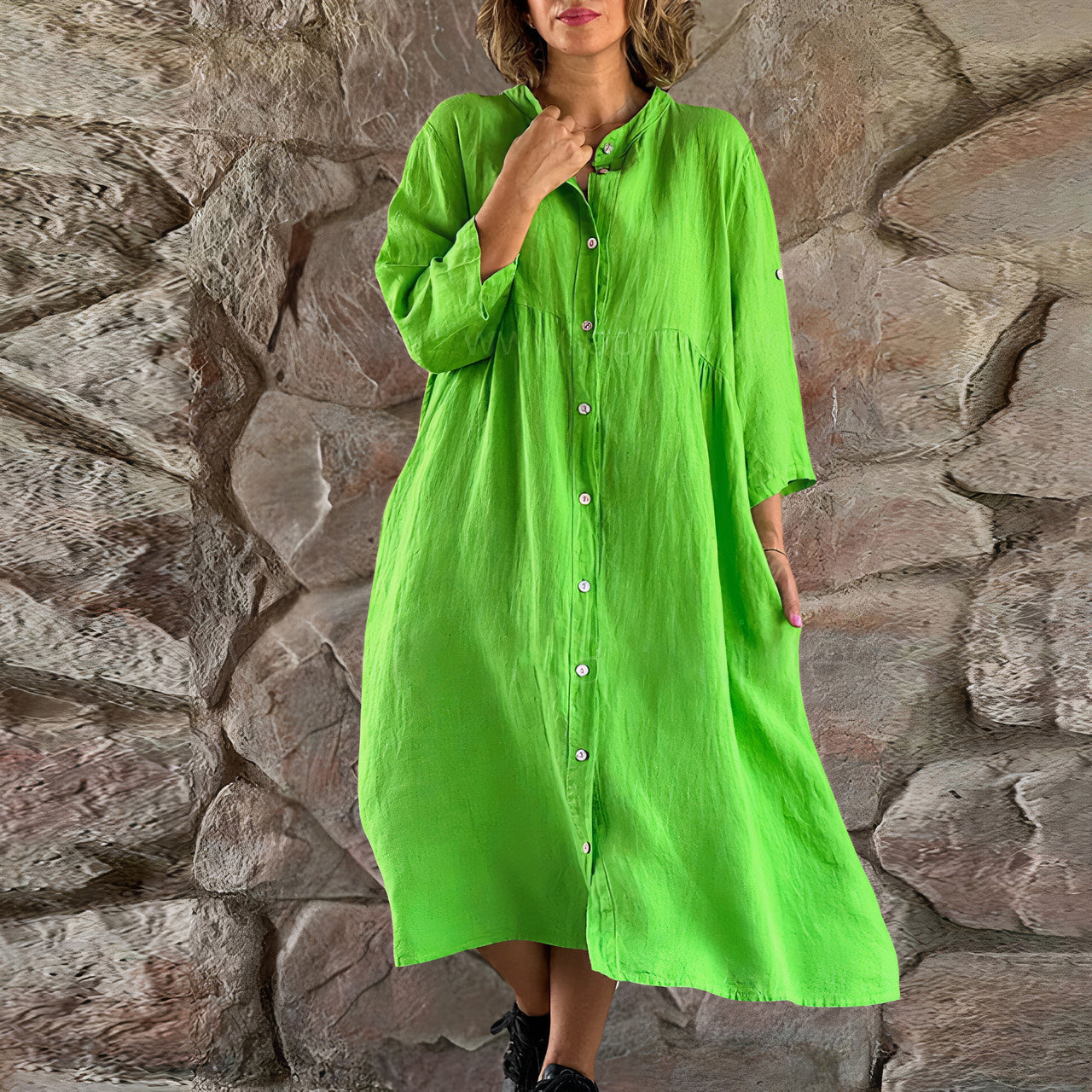 Levoire | Robe En Lin Avec Boutons Pour Femmes Vert